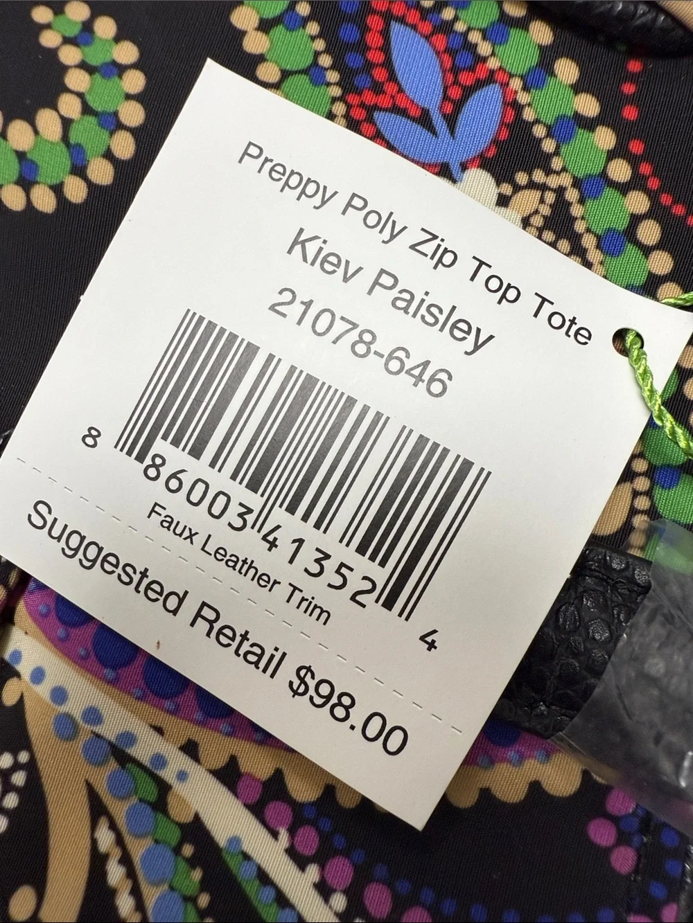 Vera Bradley Kiev Paisley Black Tote with Multicolor Paisley & Floral Print